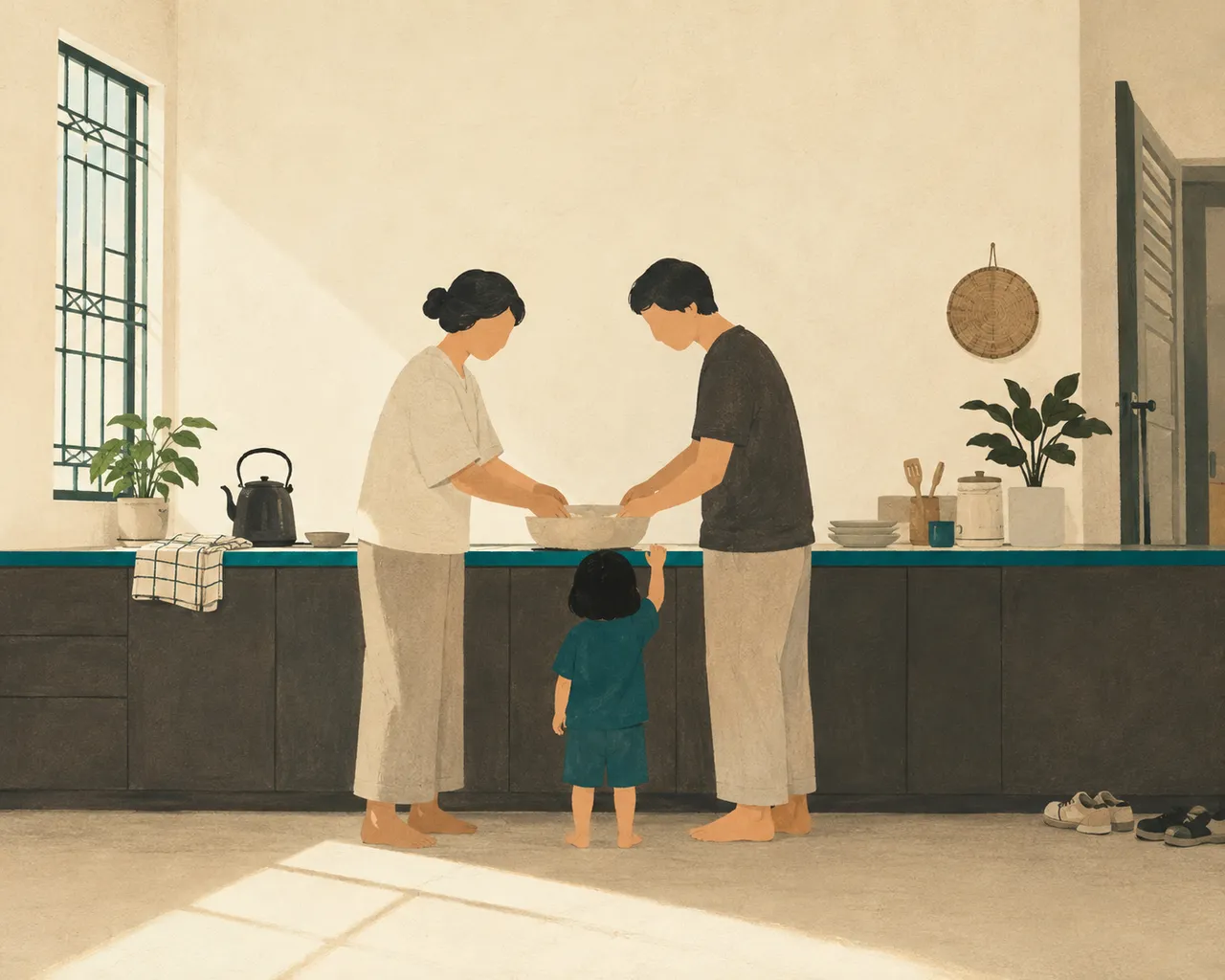 Illustration of two adults at one kitchen counter, facing each other with their hands meeting over the same bowl, and a child reaching up to the counter between them